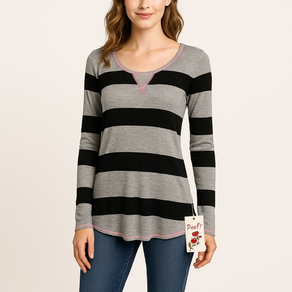 NWT Poof Striped Long Sleeve Knit Sweater Top Size M Gray Black Pink Scoop Neck - Picture 1 of 10